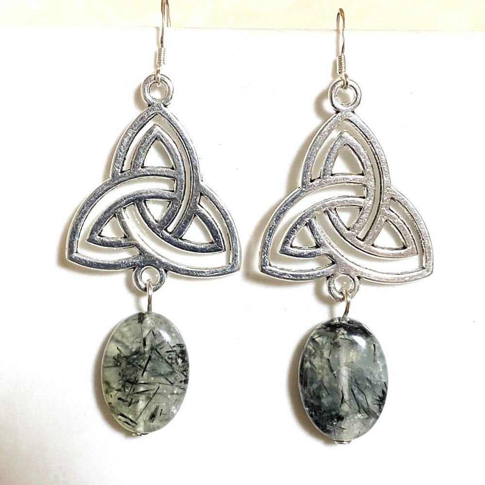 2/$20, Genuine Dark Green Prehnite Triqueta Sterling Silver Dangle Earrings